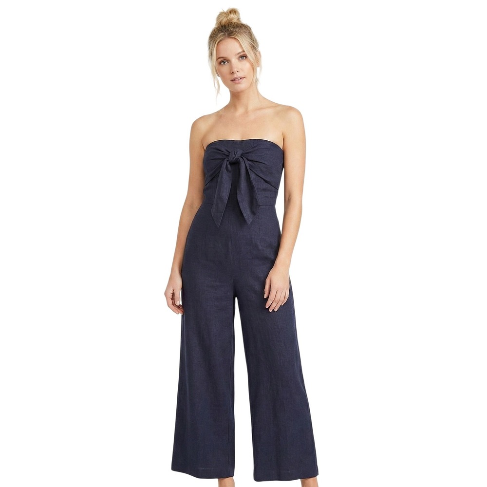 Bebop Jumpsuit Womens Large Navy Blue Strapless Tie‎ Front Wide Leg Cropped Boho